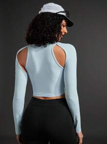 In My Nature Women's Letter Print Hollow Out Slim Fit Cropped Outdoor T-Shirt - Blue - View 2