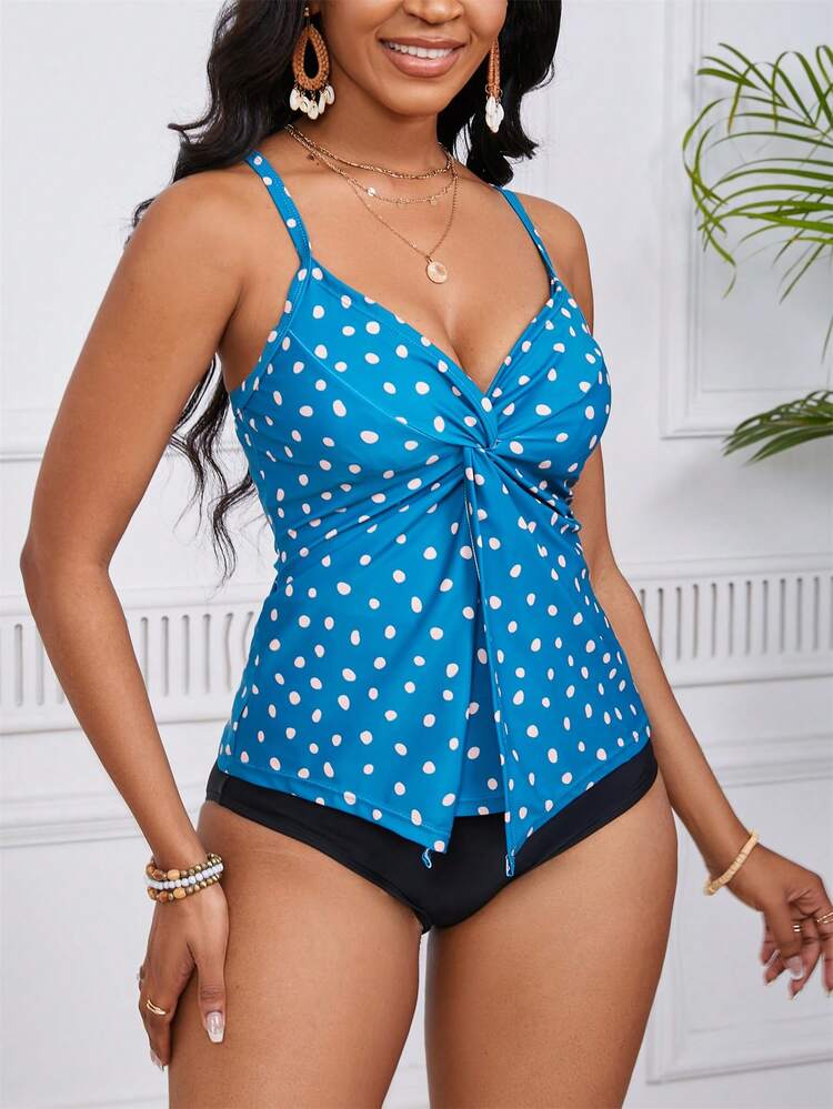 Women's Polka Dot Print Twist Knot Tankini Set With Straps, Beach Outfit Bathing Suit Summer