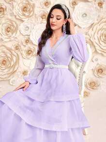 Modelyn Ladies' Solid Color Lace Flower Edge Lantern Sleeve Dress Long Evening Dresses - Mauve Purple - View 3