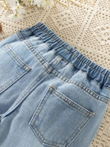 Young Girl Vintage Holiday Leisure Embroidered Patchwork Cuffs Light Blue Washed Loose Straight Leg Jeans - Light Wash - View 3