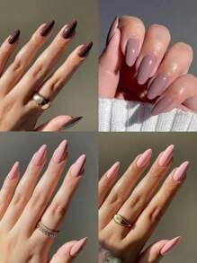 VV MEI JIA ER 96 件秋季按压指甲礼物长杏仁全覆盖假指甲法式尖头指甲 4 色按压细高跟指甲适合女士和女孩纯色假指甲套装（棕色指甲套装）+ 1 片胶带和 1 个指甲锉 - 棕色 - 查看 2