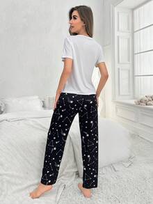 Women's Casual Black & White Contrast Color Heart & Star Good Night Print Homewear - Multicolor - View 2