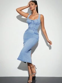 SHEIN BAE 女性性感緊身牛仔裙,分割設計&春裝 - 藍色 - 查看 1