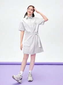 Váy liền quần denim cho cô gái tuổi teen, Hàng mới về Váy liền quần denim màu xám nhạt giản dị và thời trang có chi tiết giặt nước - Màu Xám nhạt - Xem 4