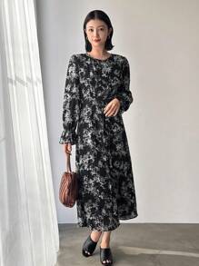 FRIFUL Designer Women's Full Bloom Floral Printed Plisse Pleated Dress With Round Neckline And Ruffle Sleeves,Fall Dress Long Sleeve Dress Vacation Outfits Women Boho - Multicolor - View 3