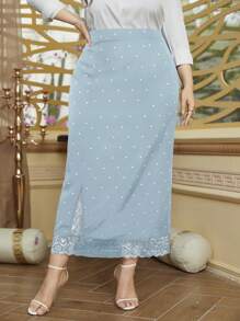 Modelyn 加大碼波點印花拼接蕾絲裙 - 藍色 - 查看 1