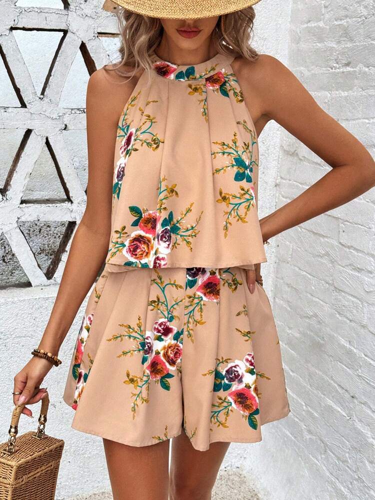 Floral Printed Halter Top And Fold Pleated Shorts Set