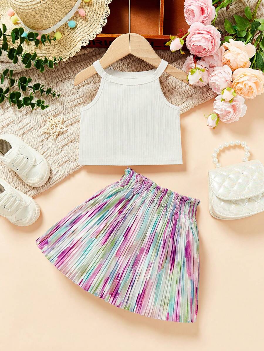 SHEIN Baby Girl Casual Sleeveless Tank Top With Colorful Pleated Skirt Set - White - View 1