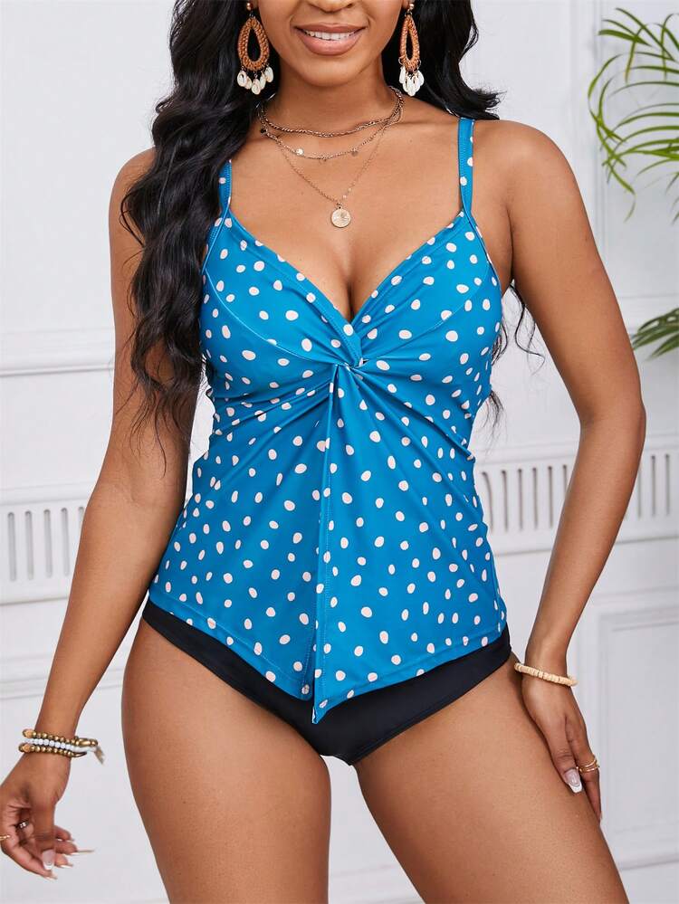Women's Polka Dot Print Twist Knot Tankini Set With Straps, Beach Outfit Bathing Suit Summer