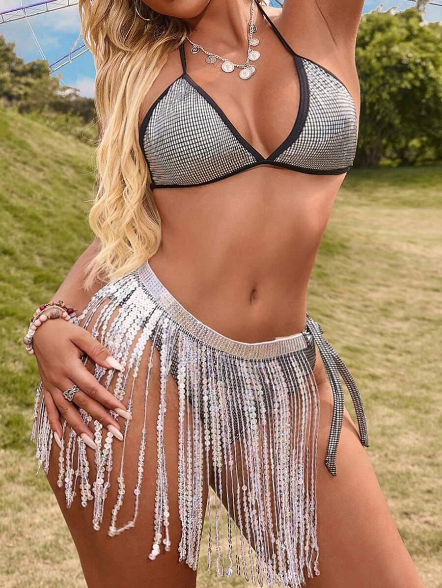 Swim EVENT Metallic Tassel Decorated Separated Bikini Set 3pcs/Set Summer Beach - Black - View 1