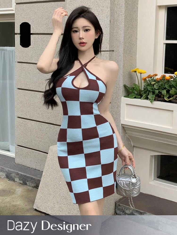Women's Grid Cross Halter Neck Design Sweater Dress With Sense Of Style Cruise Women Outfits Plaid Prom Dress