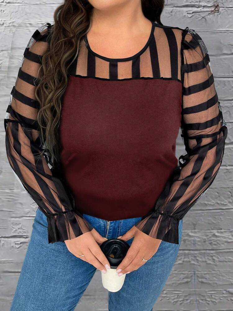 Women's Plus Size Contrast Color Striped Mesh Top With Patchwork