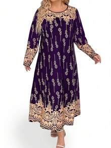 SHEIN Clasi 大尺碼女士植物圖案長裙,休閒印花設計 - 紫色 - 查看 4