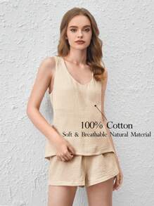 Ocili Leisure Comfy & Breathable Lightweight Crinkle Cotton Gauze V-Neck Cami Lounge Top - Khaki - Khaki - View 1