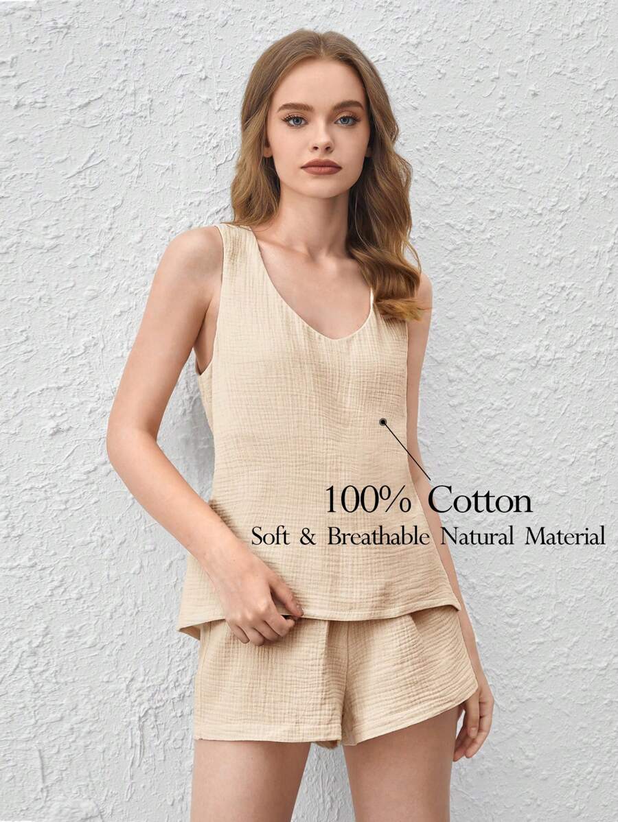 Ocili Leisure Comfy & Breathable Lightweight Crinkle Cotton Gauze V-Neck Cami Lounge Top - Khaki - Khaki - View 1