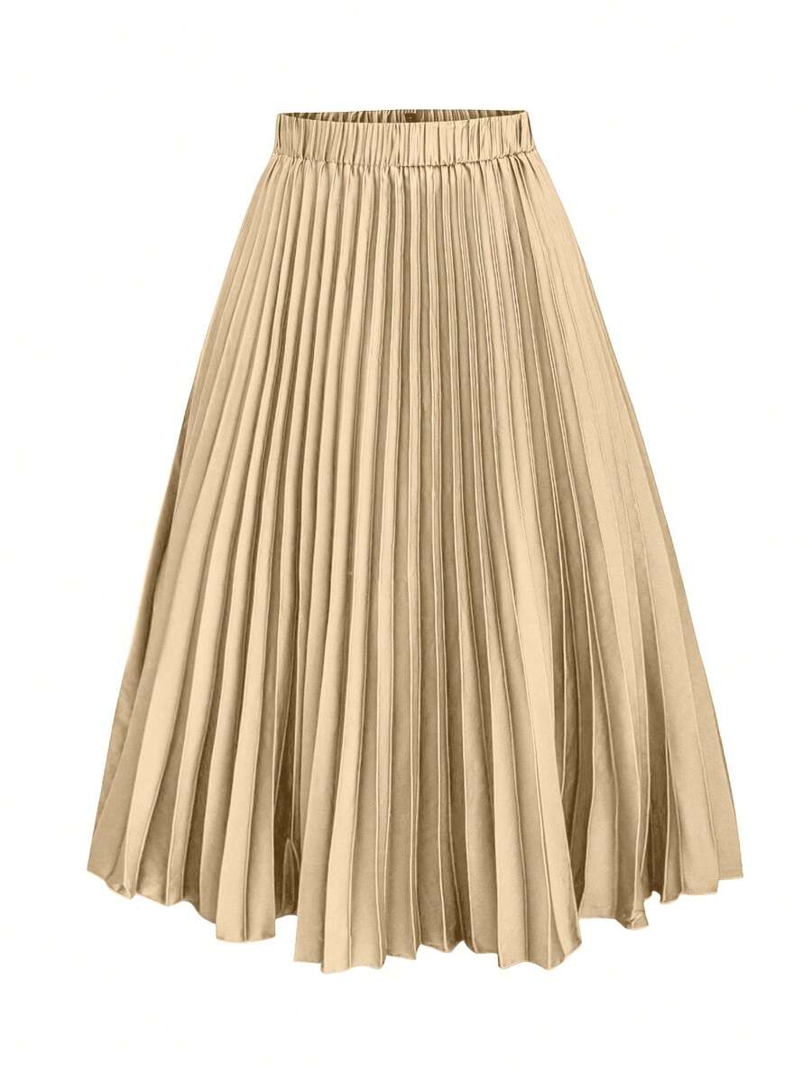 SHEIN Unity Plus Size Solid Color Pleated Elastic Waist Skirt - Champagne - View 1