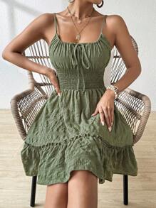 Breezaya Front Tie Bow Floral Pleated Ruched Sleeveless Floral Print Vacation Casual Dress - Green - View 3