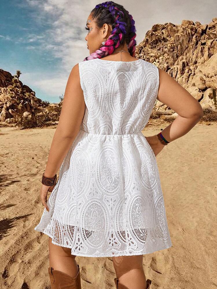 Plus Size Hollow Out Embroidered Solid Color Dress