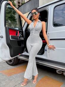 SHEIN Slayr 褶皺前背心無背高領喇叭褲連體褲 - 灰色 - 查看 5