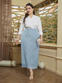 Modelyn 加大碼波點印花拼接蕾絲裙 - 藍色 - 查看 4