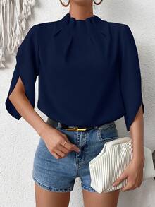SHEIN Clasi Áo sơ mi cổ đứng màu trơn có tay áo cánh hoa và xếp ly - Màu xanh hải quân - Xem 6