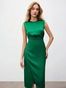 BizChic Women's Solid Color Green Wrap Front Slit Bodycon Dress - Green - View 6