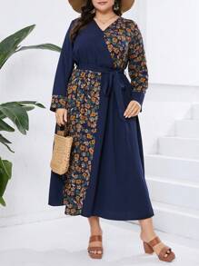 Seusyu Talla Grande Vestido De Parches Suelto Con Estampado Floral Y Cuello En V - Azul - Ver 2