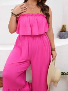 SHEIN VCAY 大尺碼純色寬鬆無肩帶連體褲,帶有荷葉邊設計 - 藏蓝色 - 查看 4