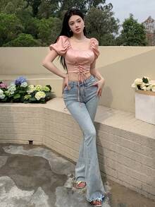 DAZY Của phụ nữ Ngắn tay Áo sơ mi Với Bong bóng Tay áo , Cổ vuông , Dây rút Và Thắt lưng - Hồng - Xem 2