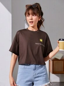 Thiếu niên Cô gái Lỏng lẻo Ngắn Top Cây trồng Áo thun Với In thư Ba Bộ - Nhiều màu - Xem 6