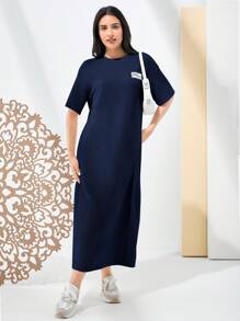 Mulvari Women's Round Neck Short Sleeve Printed Simple Dress, Casual & Daily Wear