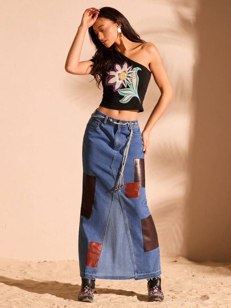 Women's Patchwork Printed Denim Skirt With Pockets
