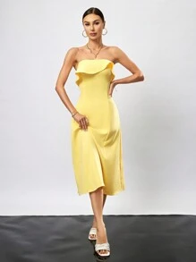 GENKIRA Asymmetrical Hem Strapless Dress With Gathered Waist - Mustard Yellow - View 5
