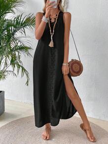 SHEIN Holidaya 女性鬆身款長款蕾絲拼接無袖連衣裙 - 黑色 - 查看 1