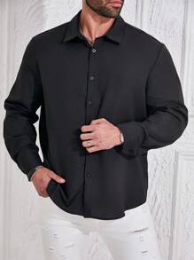 Manfinity Homme Herren Große Größen Einfarbiges Langarm Businesshemd, Ausgehen, Tailliertes Schwarzes Hemd, Herren Businesshemd, Schwarzes Hemd mit Knopfleiste, Herbst