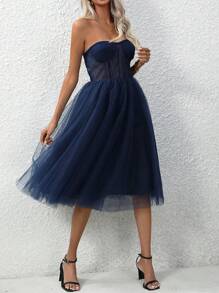 海軍藍色a字型露背短款蓬蓬裙,心形胸衣和鋼托設計,茶長禮服派對禮服 - 藏蓝色 - 查看 3