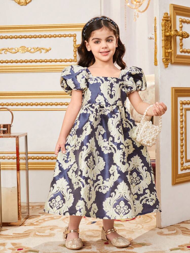 Young Girls' Lovely Square Neckline Jacquard Puff Sleeve Dress