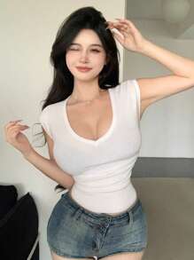 DAZY 女士修身深v領針織上衣 - 白色 - 查看 4