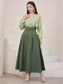Modelyn 女士纯色蝙蝠袖上衣和高腰百褶裙套装 2 件套 - 綠色 - 查看 3