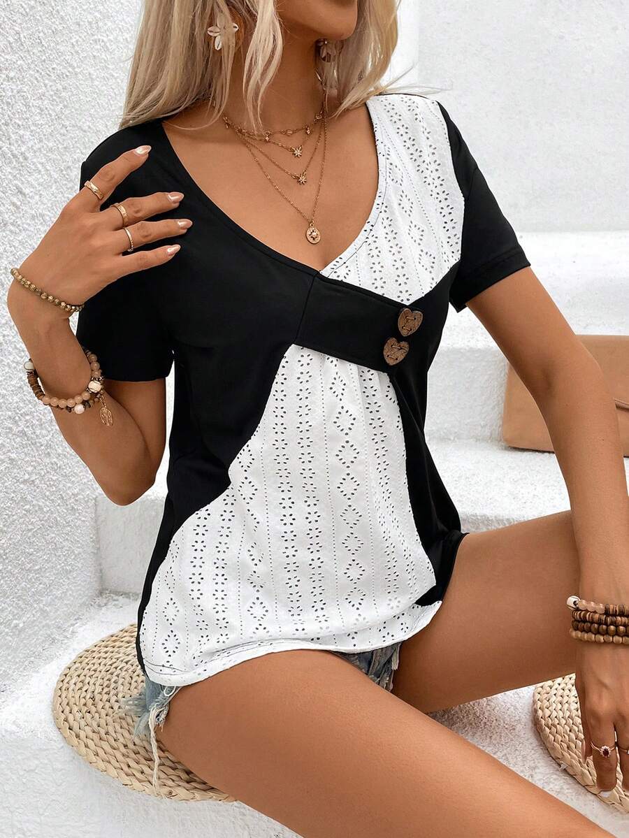 SHEIN LUNE Của phụ nữ Khối màu Xu hướng: Cắt giảm Thêu Áo thun - Đen và trắng - Xem 1