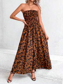 SHEIN VCAY Allover Print Shirred Tube Jumpsuit - Brown - View 3
