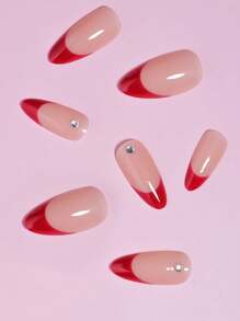 VV MEI JIA ER Valentines Nails Nâng tầm phong cách của bạn với 24 chiếc móng tay giả kiểu Pháp đính đá màu đỏ hạnh nhân dài & 1 chiếc dũa móng tay & 1 tờ băng dính móng tay Bộ dụng cụ làm móng - Màu Đỏ Sâu - Xem 4