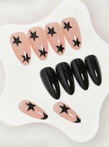 VV MEI JIA ER 24入組Y2K裸色底杏仁型假指甲，黑色星星壓花設計，光澤全覆蓋假指甲，適用於女性和女孩，長款杏仁形假指甲和1片膠帶和1支指甲文件指甲用品 - 黑色 - 查看 3