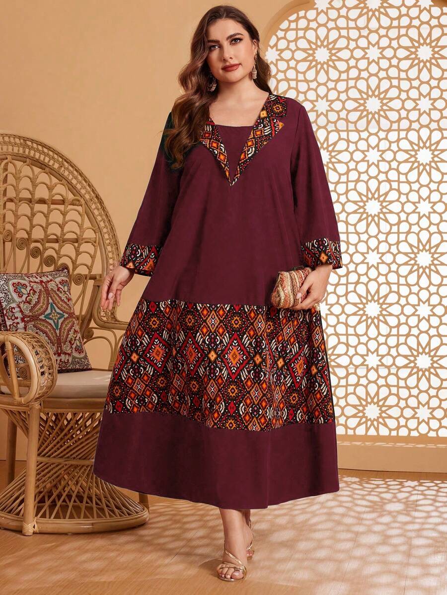 Al Najma Burgundy Red Plus Size Geometric Print Flare Sleeve Arabian Clothing Kaftan Jalabiya Dress - Burgundy - View 1