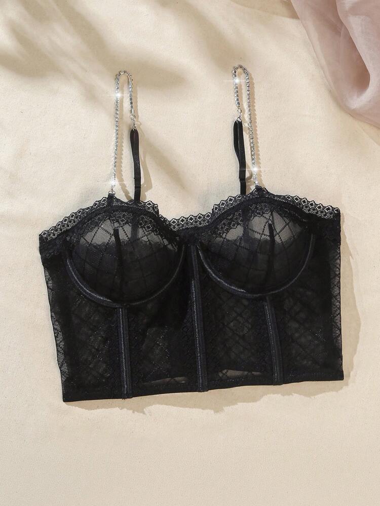 Rhinestone & Chain & Lace Decor Sexy Tight Bustier