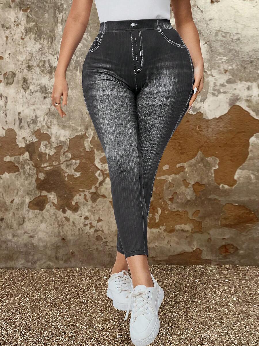 SHEIN LUNE 大码女式牛仔效果印花紧身裤 - 深灰色 - 查看 1