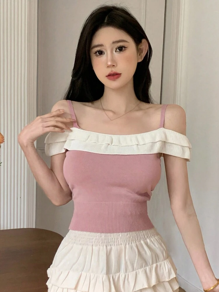 Women's Off Shoulder Wrapped Design Short Sleeve Knit Top With Ruffle Hem And Color Blocking