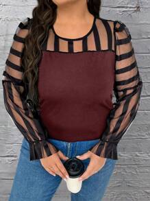 Calvaya Top De Malla A Rayas De Colores Contrastantes Para Mujeres De Talla Grande Con Parches - Multicolor - Ver 4