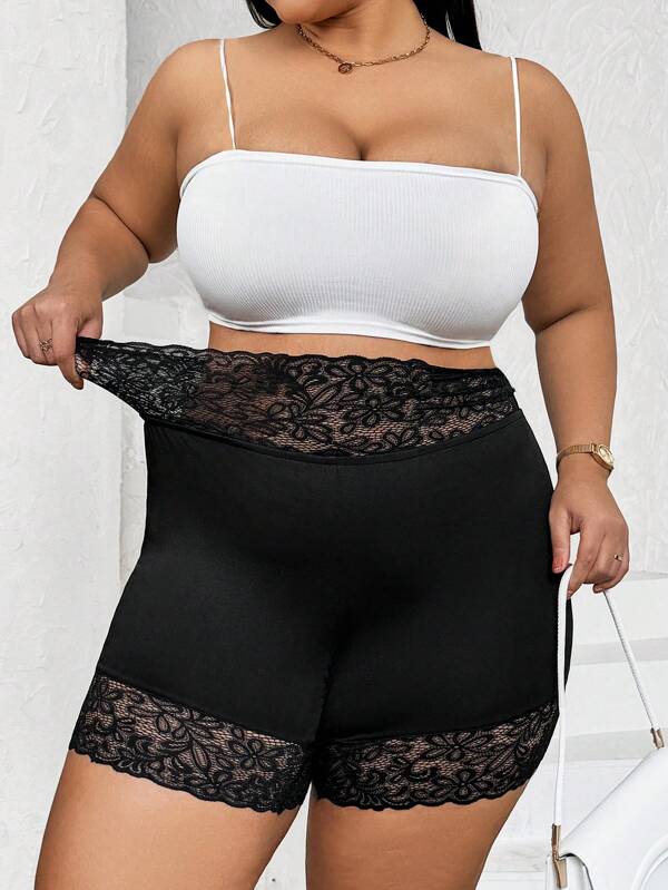 SHEIN CURVE+ Plus Size Women's Sexy High Waist Lace Elastic Safety Shorts