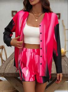 SHEIN LUNE Conjunto de dos piezas de top de manga larga con cuello en V y color contrastante, y shorts para damas